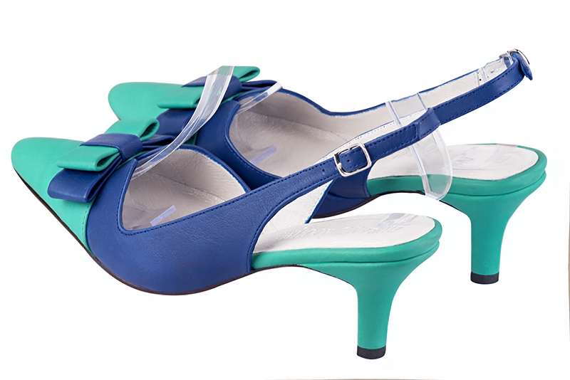 Aquamarine blue women's open back shoes, with a knot. Tapered toe. Medium slim heel. Rear view - Florence KOOIJMAN